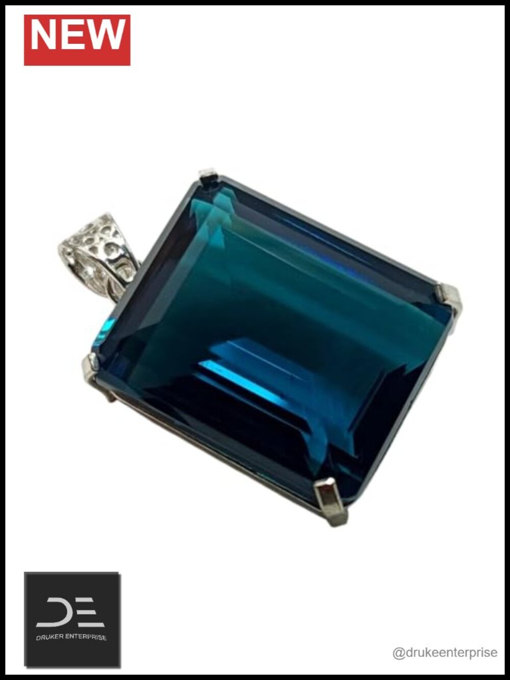95.45ct Natural London Blue Topaz Pendant 925 Solid Sterling Silver Emerald Cut